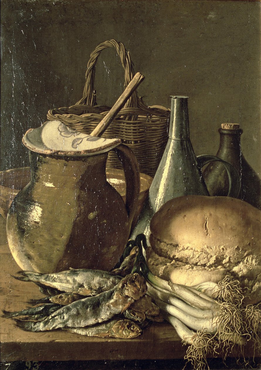 Bodegón con pescado, puerros y pan de Luis Egidio Menendez or Melendez