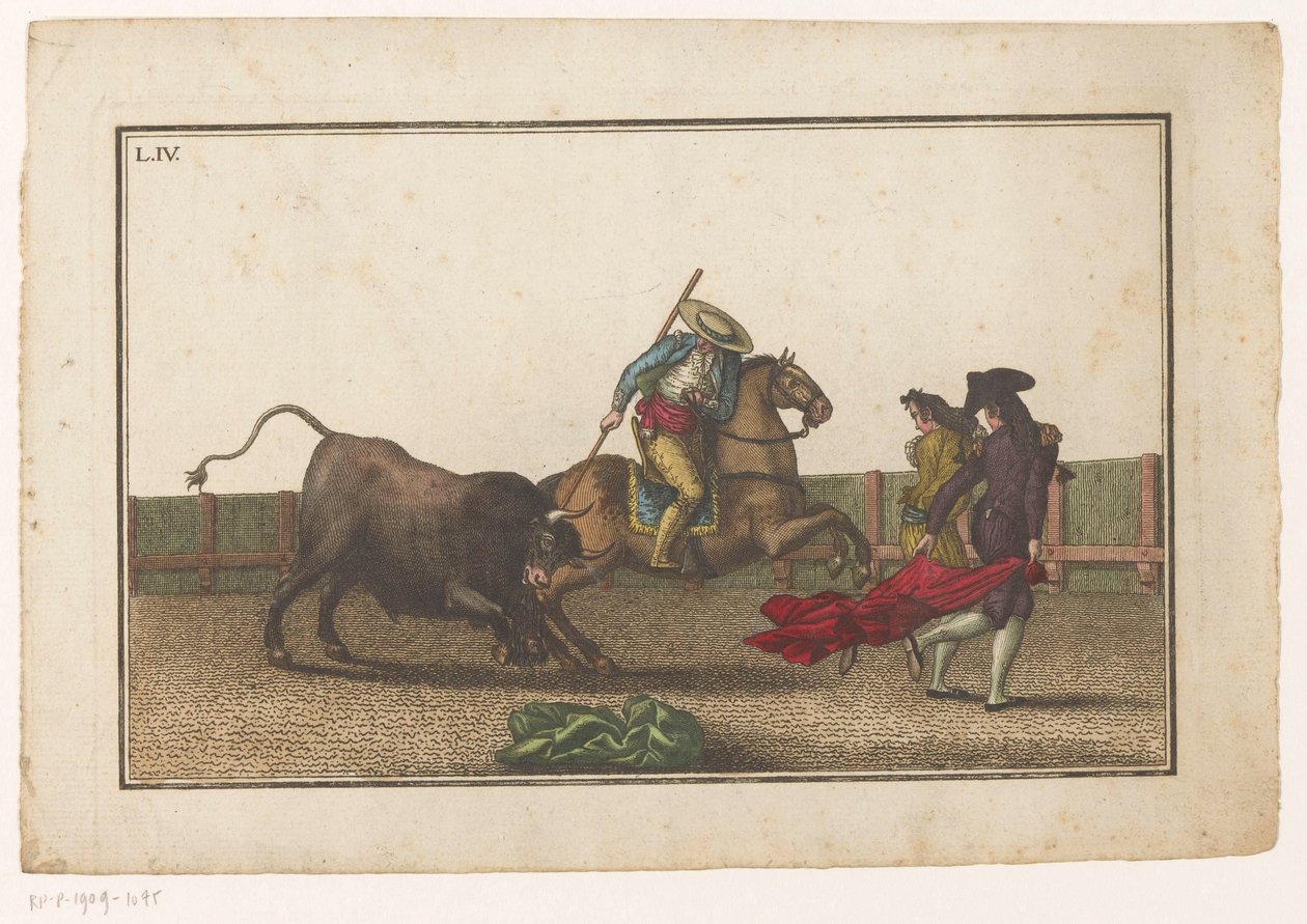 Picador clava su lanza en un toro Colección de las principales suertes de una corrida de toros (título de la serie) Colección de las maniobras taurinas más importantes (título de la serie) de Luis Fernandez Noseret