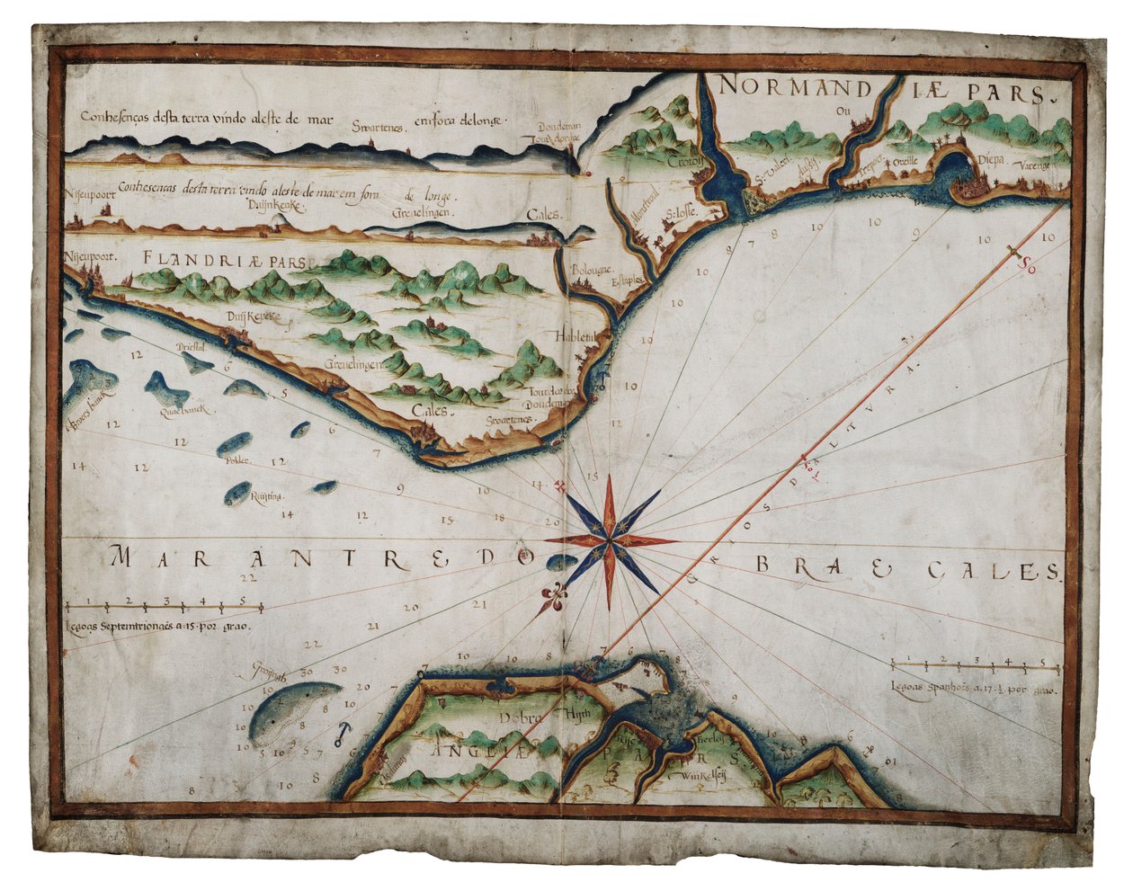 Carta del estrecho de Dover, c.1587-88 (acuarela sobre vitela) de Luis Teixeira