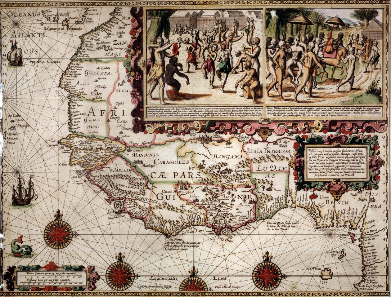Mapa geográfico de Guinea hecho por el cartógrafo Luis Teixera (o Teixeira), aproximadamente 1586. En la parte superior derecha, representación de una escena de baile entre los indígenas (africanos). de Luis Teixeira