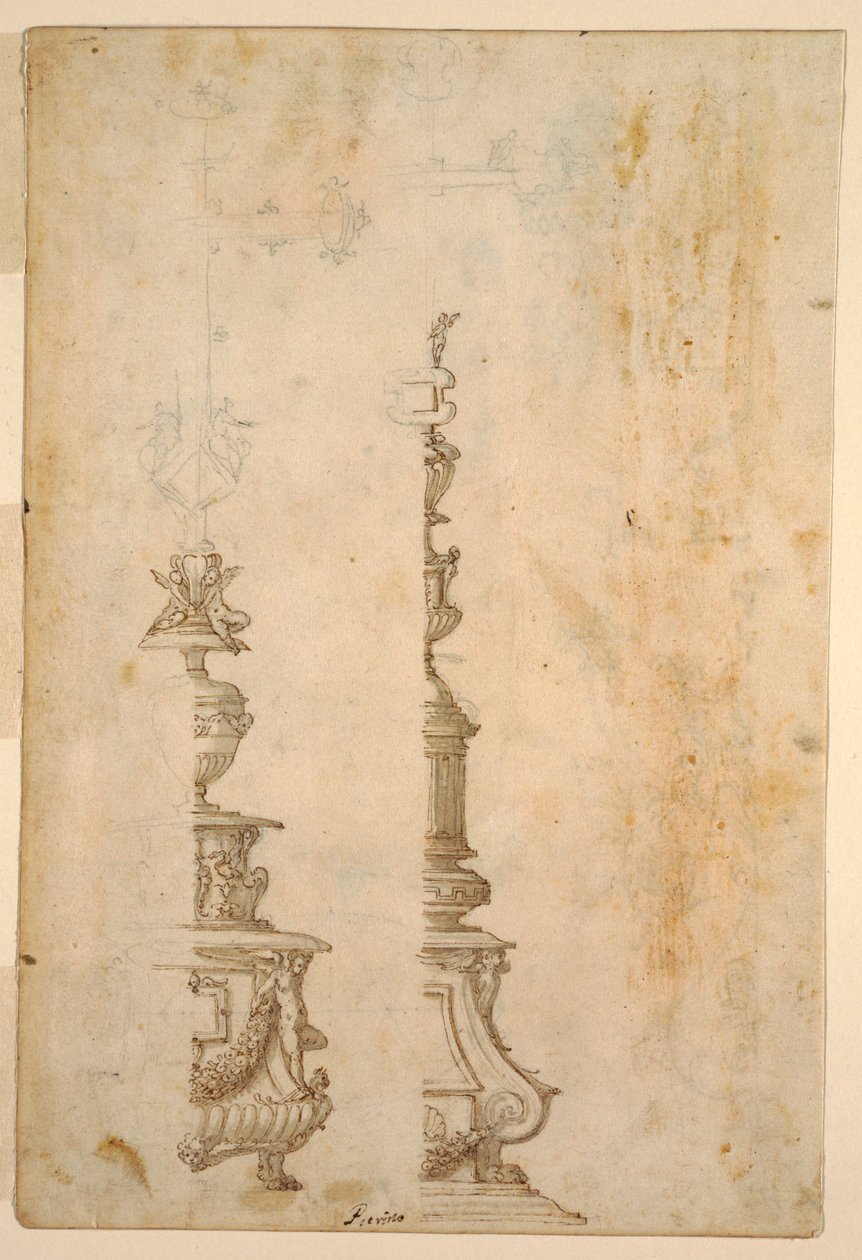 Dos diseños para bases de cruz de altar; verso, diseños para cinco proyectos de Luzio Romano