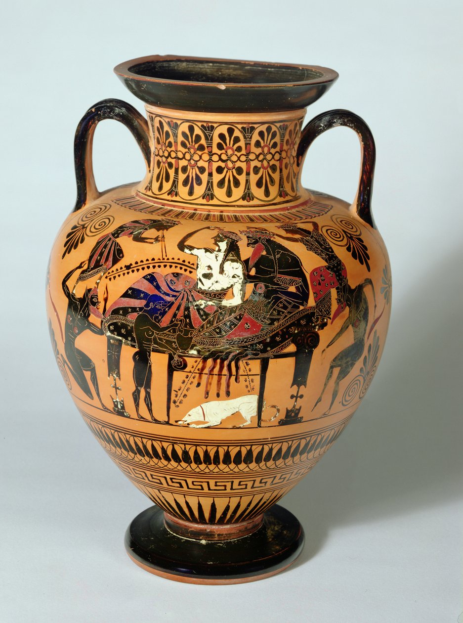 Ánfora de figuras negras que representa a Dionisio y Ariadna en un banquete, griega, 530-520 a.C. de Lysippos