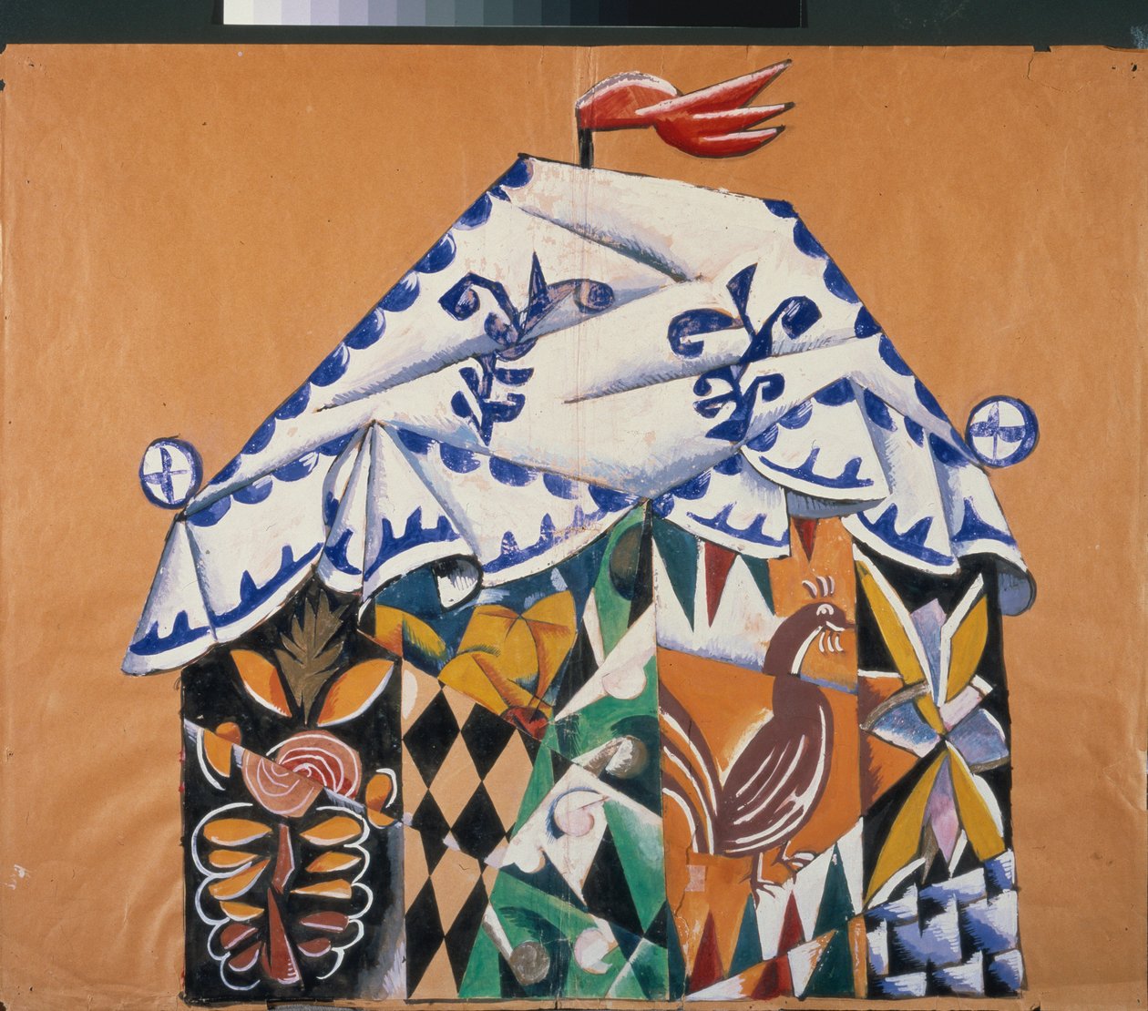 Boceto del telón de la obra ""Del papa y su ayuda de cámara Balda"", de Alexander Pushkin (1799-1837). Obra de Lyubov (Lioubov) Sergeyevna Popova (1889-1924), collage, gouache y bronce sobre papel de Lyubov Sergeevna Popova