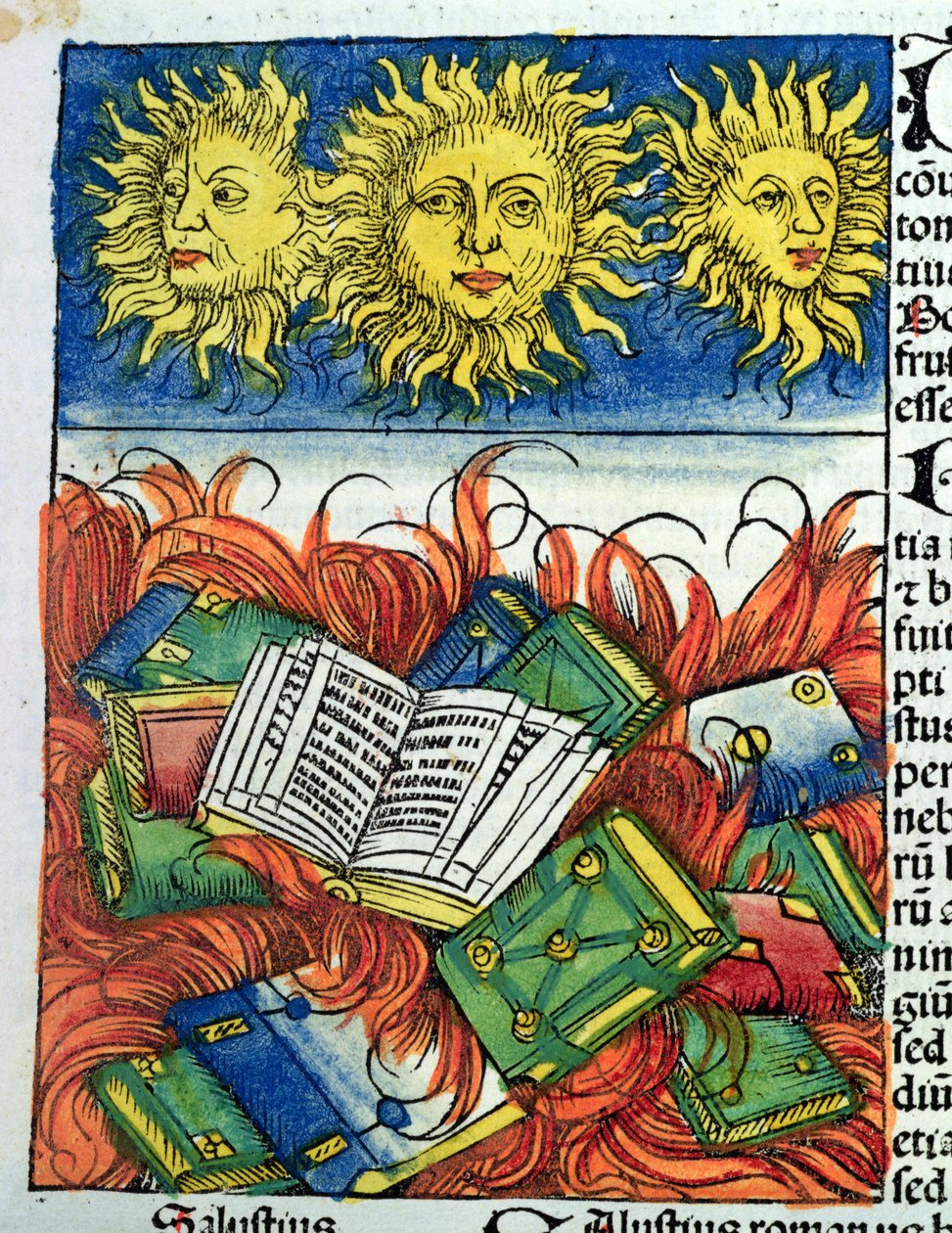 Autodafé de libros en la Edad Media, ilustración de la 
