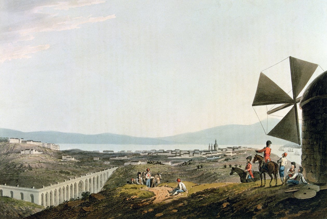 Lisboa y el acueducto de Alcántara, grabado por I. Clark de M. (after) Bradford