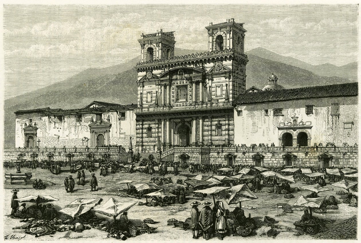 La Catedral de Quito (capital del actual Ecuador) y el entretenimiento popular en su plaza. Grabado por Clerget y Ferdinandus, para ilustrar la historia “América Equinoccial” de M. (after) Ferdinandus