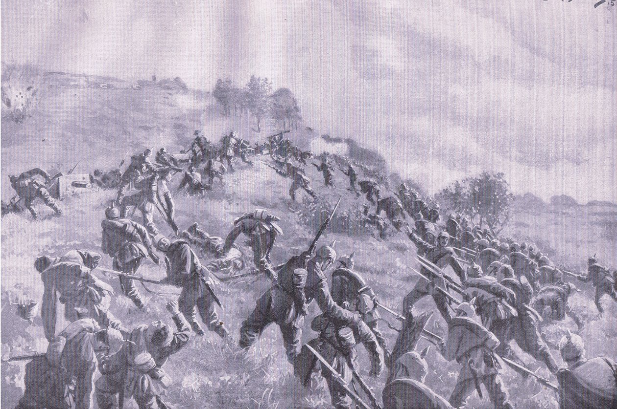 La reconquista de Szawle. Asalto a la cresta, de La Historia Ilustrada de la Guerra Mundial 1914-1915 publicada por Union Berlagsefellfchaft de M. Barascudts