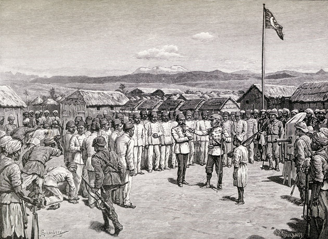 Sir Henry Morton Stanley dirigiéndose a los oficiales rebeldes en Kavalli, 1890 de M. Schonberg