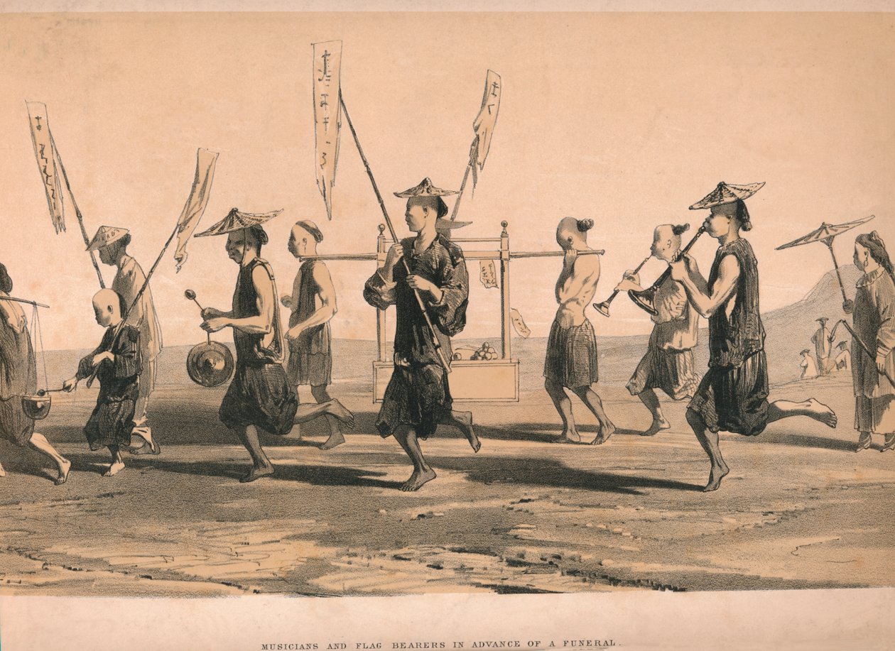 Músicos y portadores de banderas en avance de un funeral, c. 1860 de M and N Hanhart