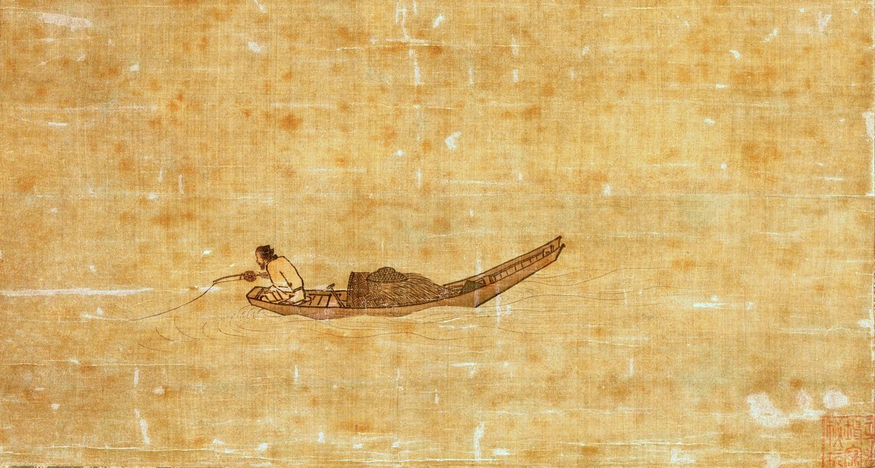 Detalle de primer plano del pintor chino de la dinastía Song Ma Yuan, Pescador en un lago invernal, con la representación más antigua conocida de un carrete de pesca de Ma Yüan