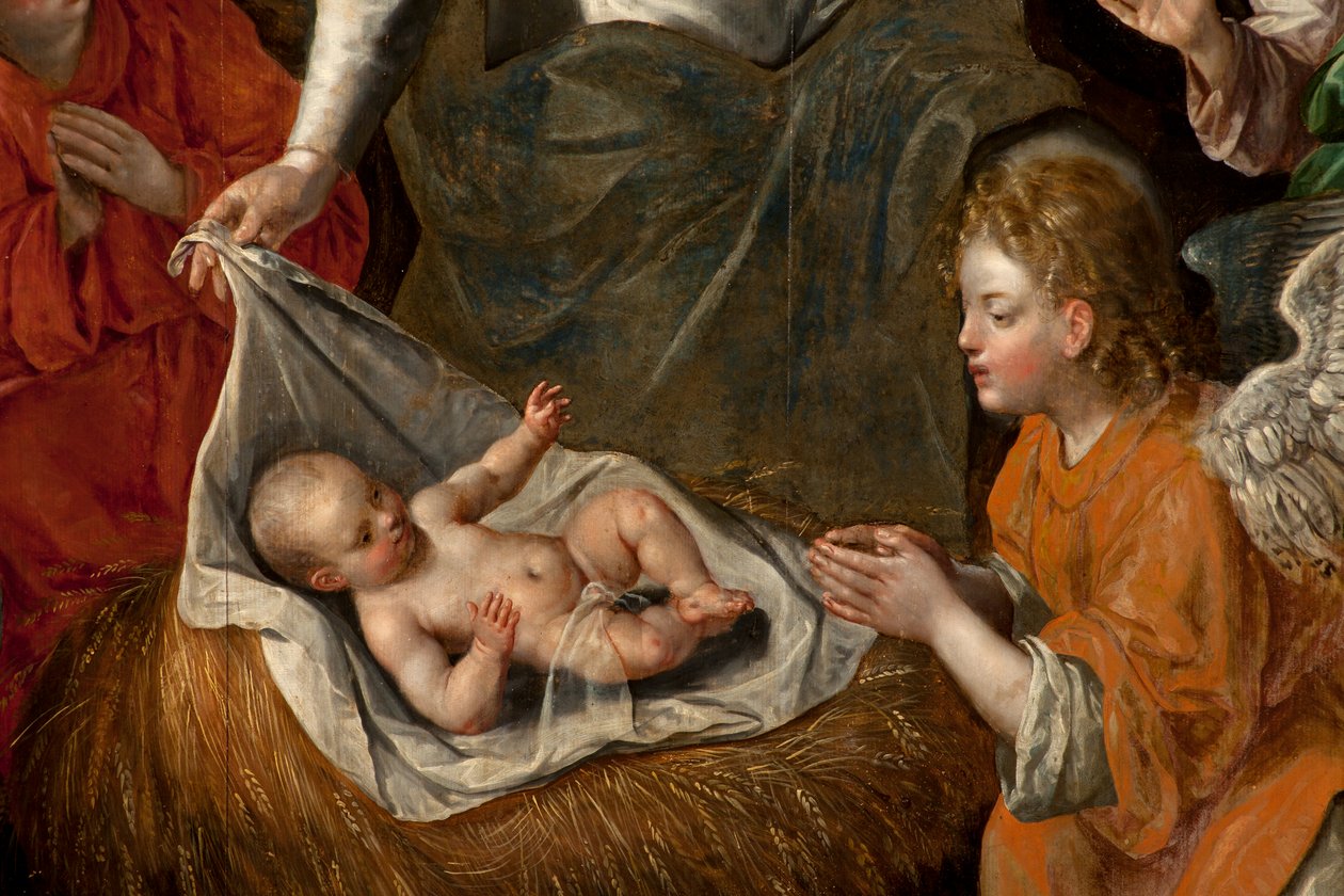 Adoración de los Magos, Tríptico, Panel central, (detalle) de Maarten de Vos
