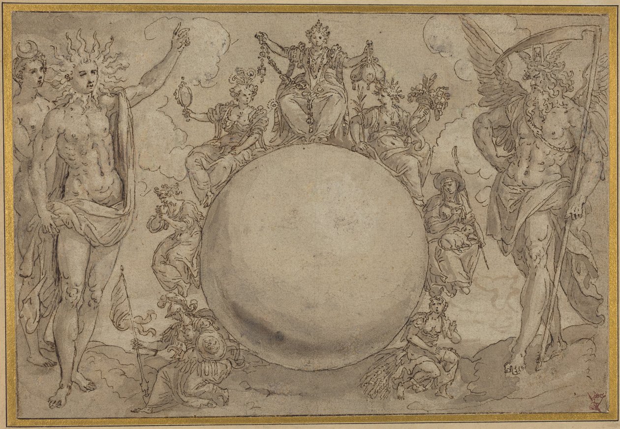 Apolo, Diana y el tiempo con las vicisitudes cíclicas de la vida humana, c.1561 (pluma y tinta marrón con aguada gris sobre trazos de grafito, incisión para transferencia sobre papel verjurado) de Maarten de Vos