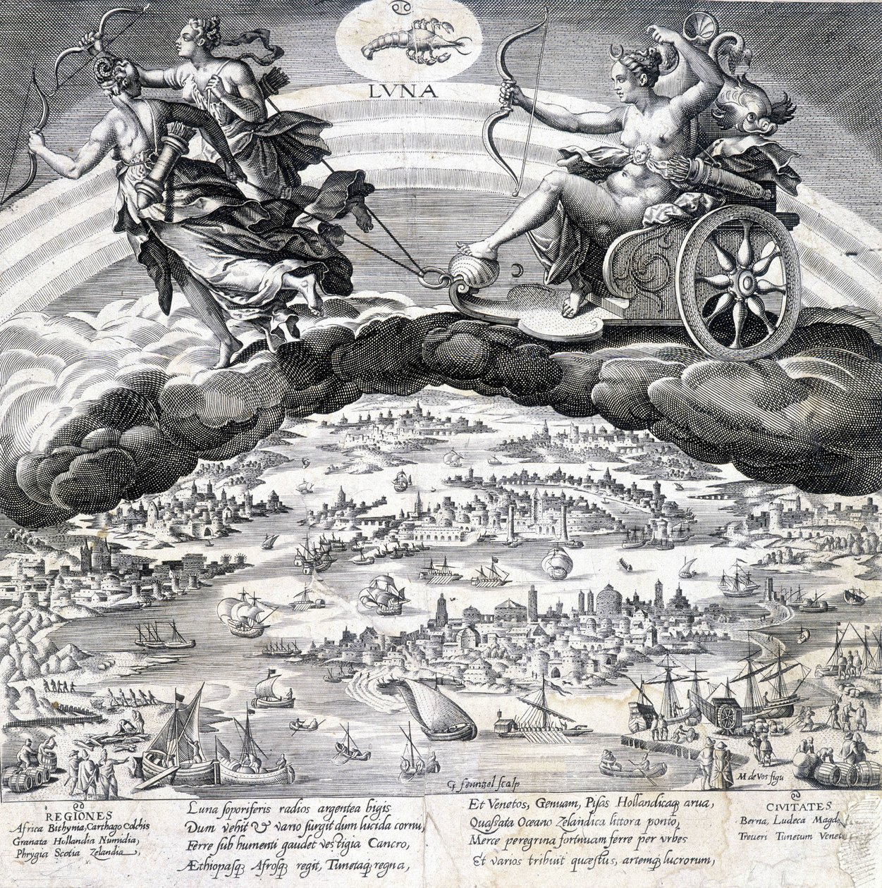 Luna: alegoría de la Luna (Diana) y el Escorpio que está bajo su influencia (signo del Zodiaco) - grabado por Maaerten de Vos (Martin de Vos, Marten de Vos) (1532-1603) de Maarten de Vos
