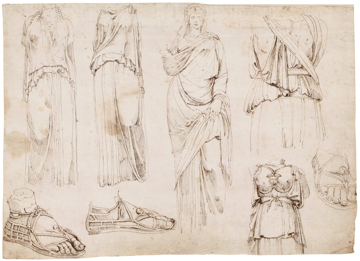 Figuras femeninas y sandalias, c.1498-1574 (tiza roja, pluma y tinta marrón) de Maarten van Heemskerck (circle of)
