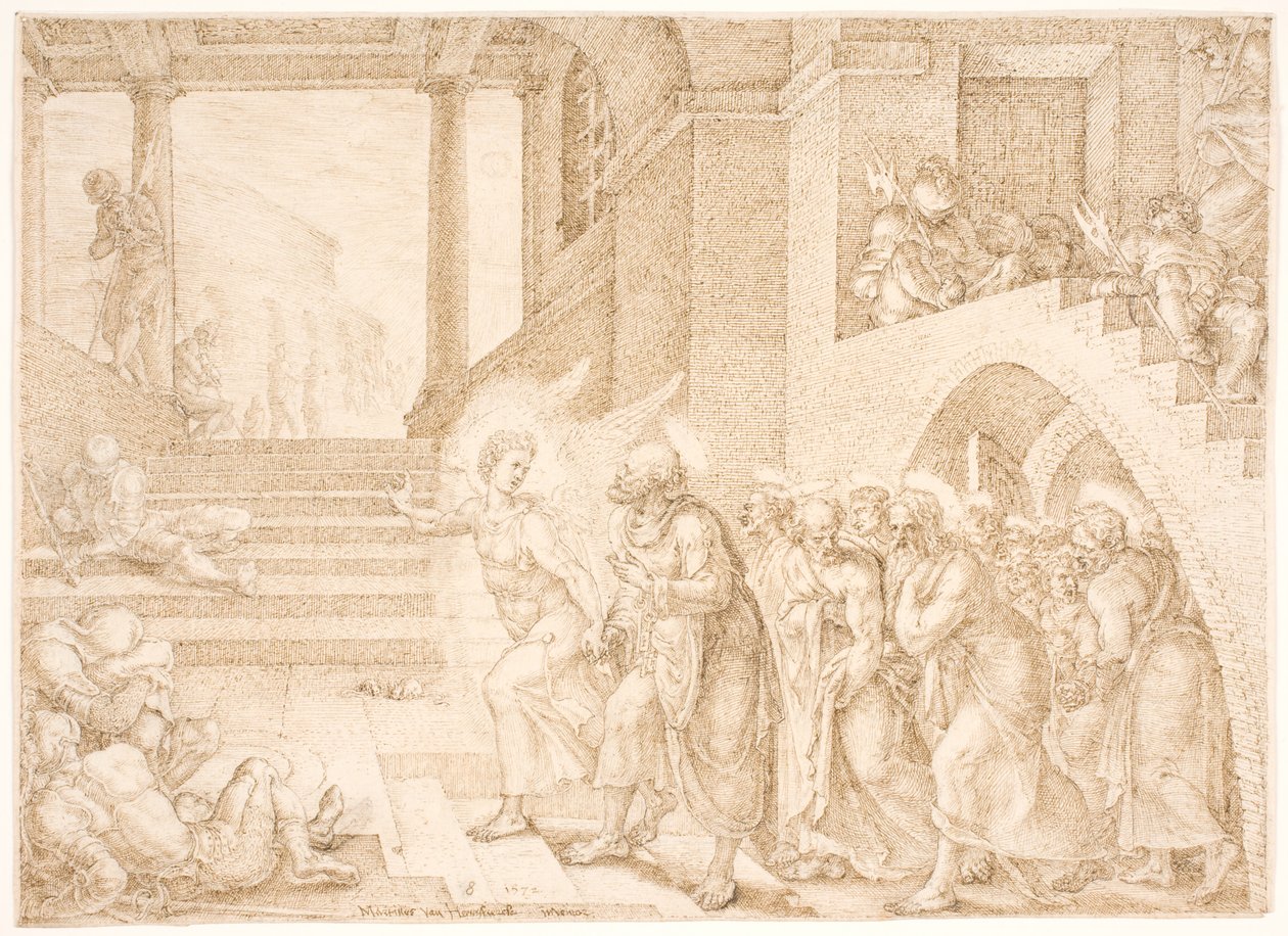 Los apóstoles liberados de la cárcel por un ángel de Maarten van Heemskerck