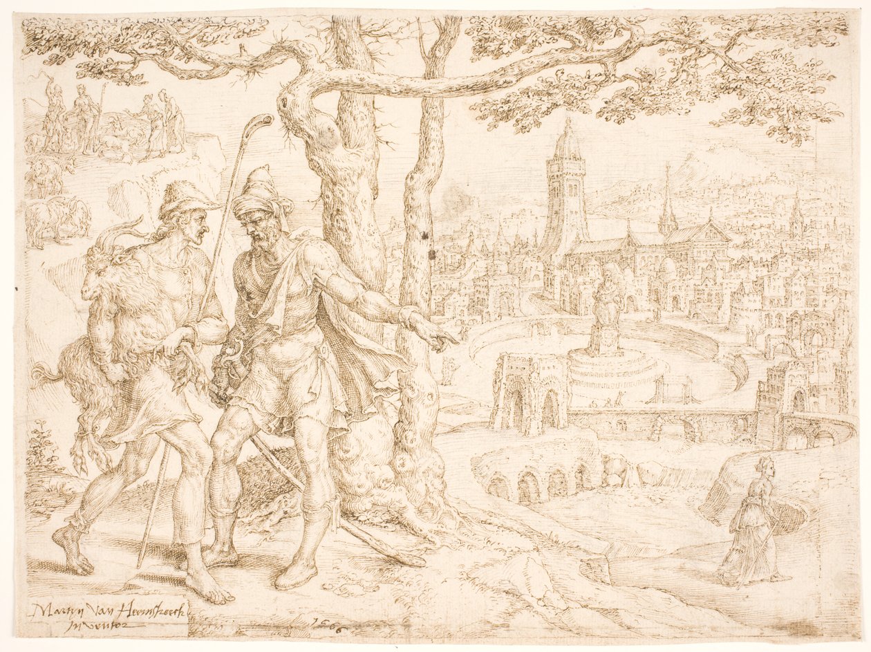Judá enviando a Tamar el cabrito por Hira, el adulamita de Maarten van Heemskerck