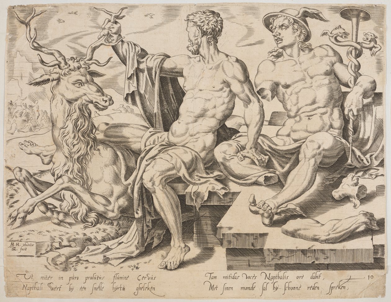 Neftalí con un ciervo y una estatua rota de Mercurio, de la serie Los Doce Patriarcas, grabado por Dirk Volkertsz Coornhert de Maarten van Heemskerck