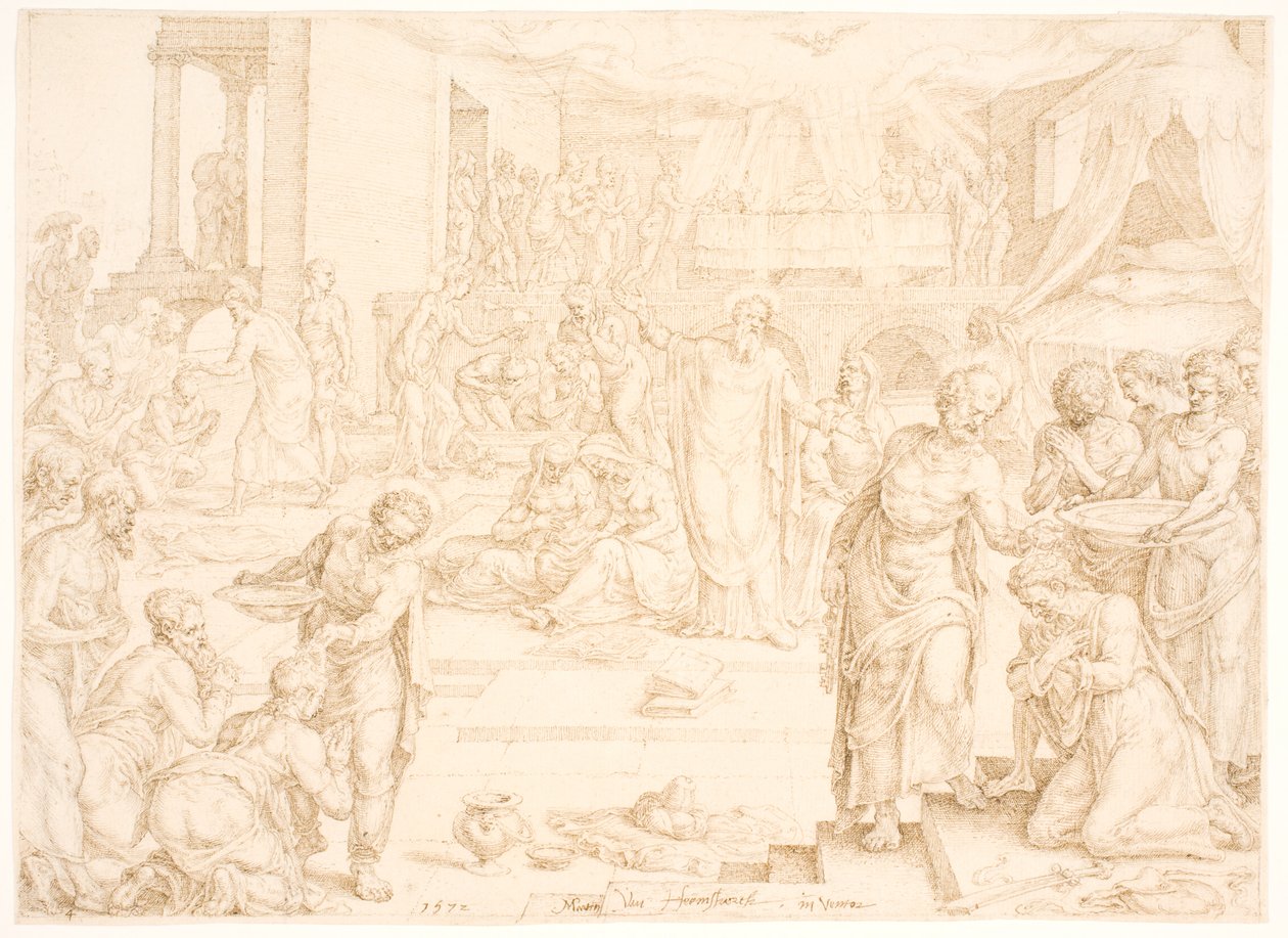 Pedro y los otros apóstoles bautizan a la congregación en Jerusalén de Maarten van Heemskerck