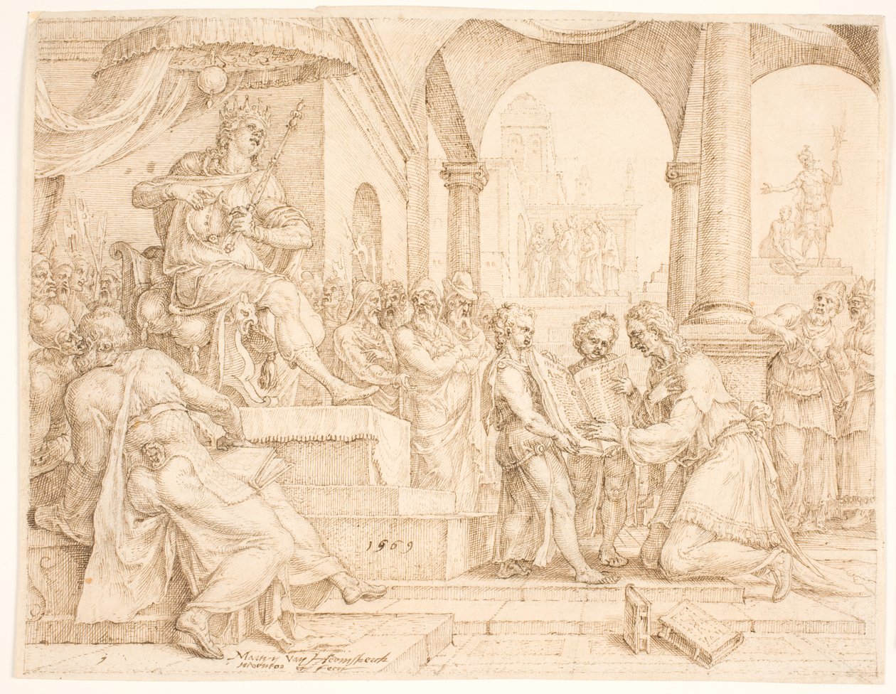 El escriba del estado Safán lee el libro de la ley al rey Josías, que rasga sus vestiduras de Maarten van Heemskerck