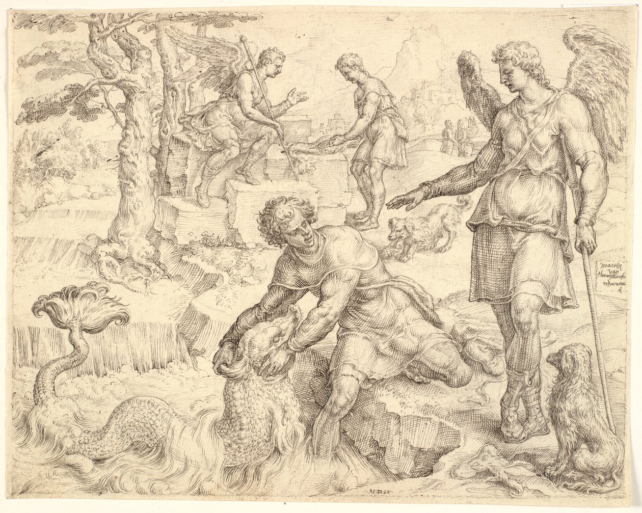 Tobías atrapando el pez en el río Tigris de Maarten van Heemskerck