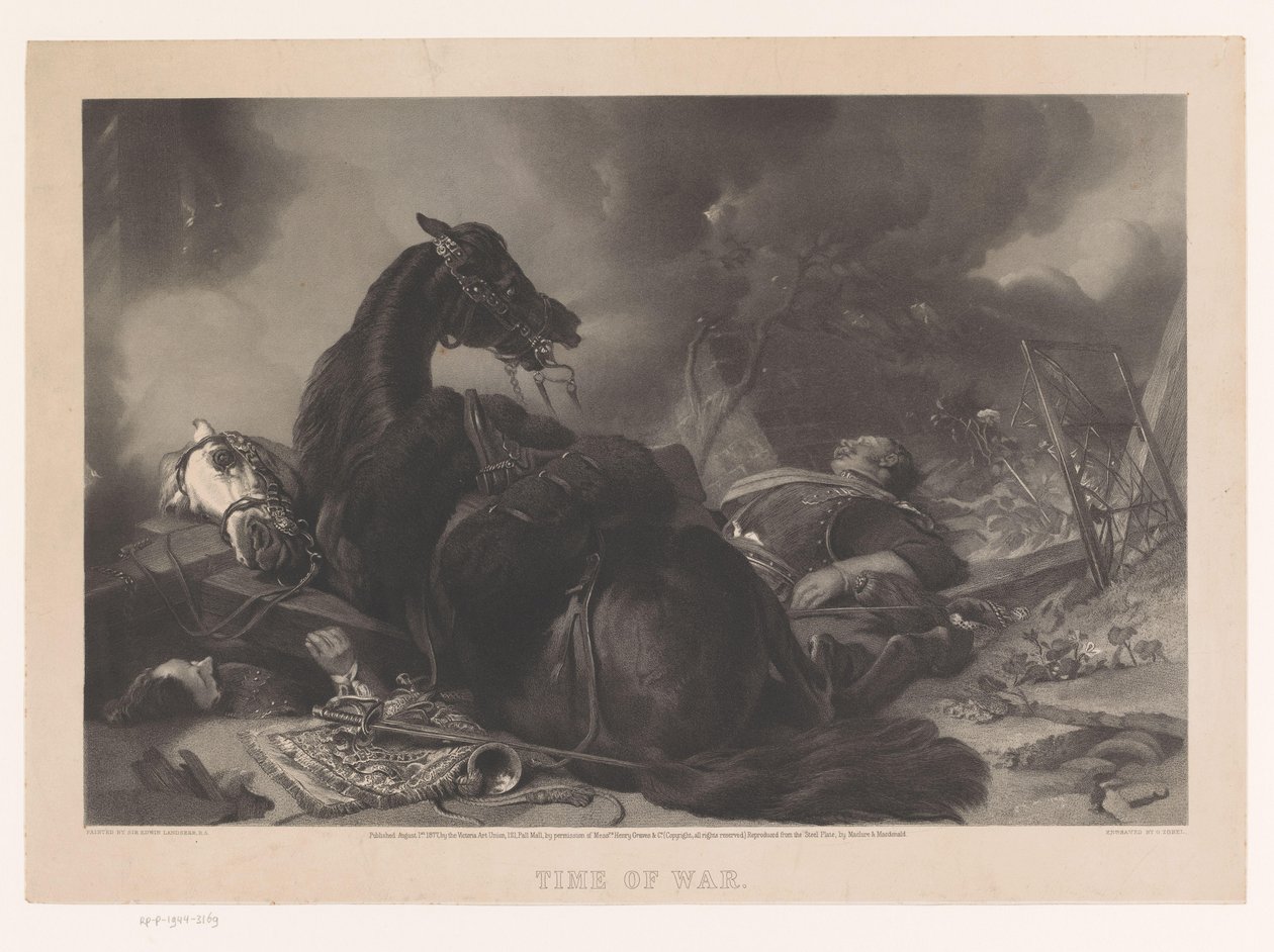 Dos soldados de caballería y sus caballos golpeados en un ataque Tiempo de guerra (título sobre el objeto) de Maclure and Macdonald