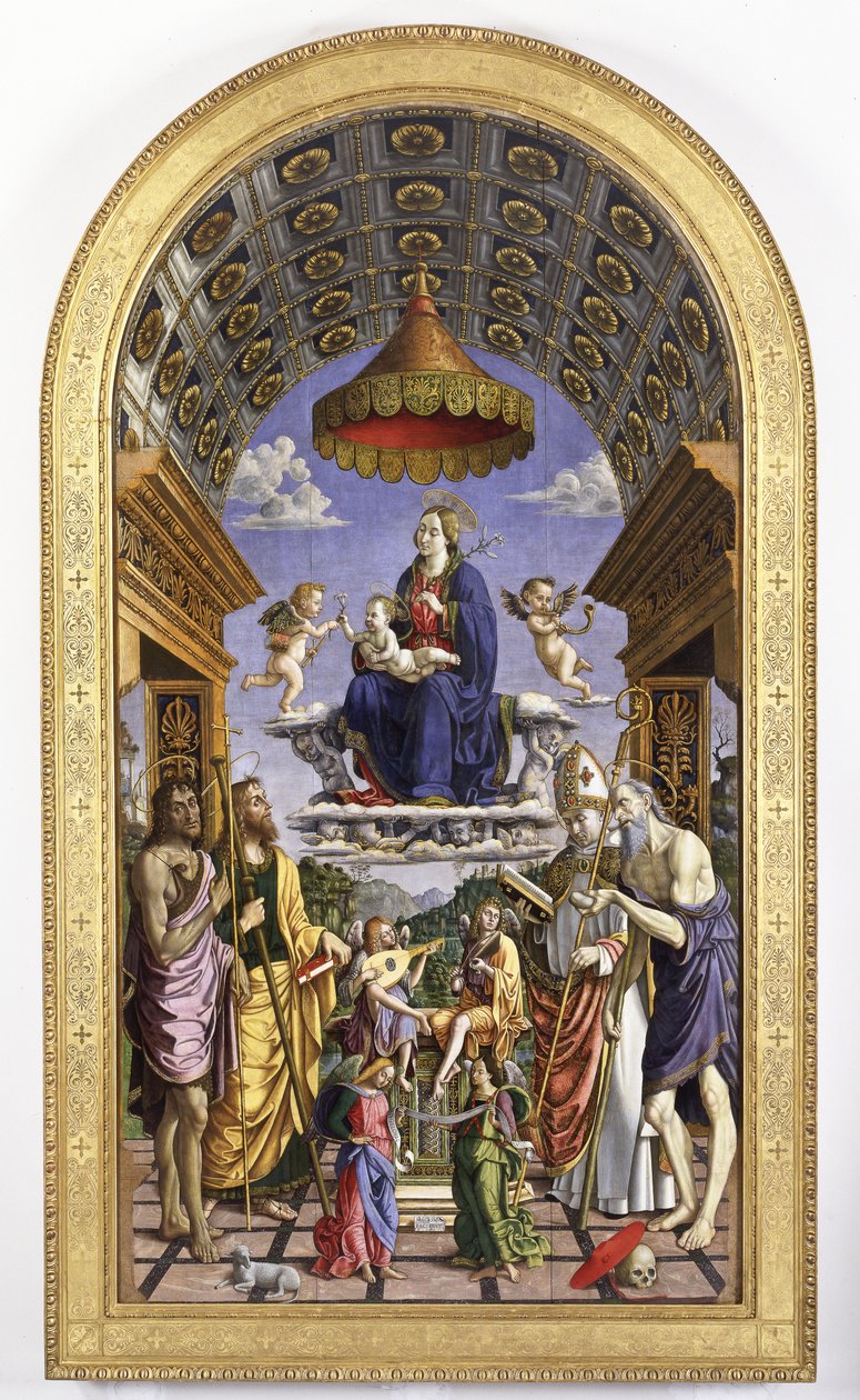 Madonna y el Niño en gloria, ángeles músicos y santos Juan Bautista, Santiago, Ugo y Jerónimo, 1498 de Macrino dAlba