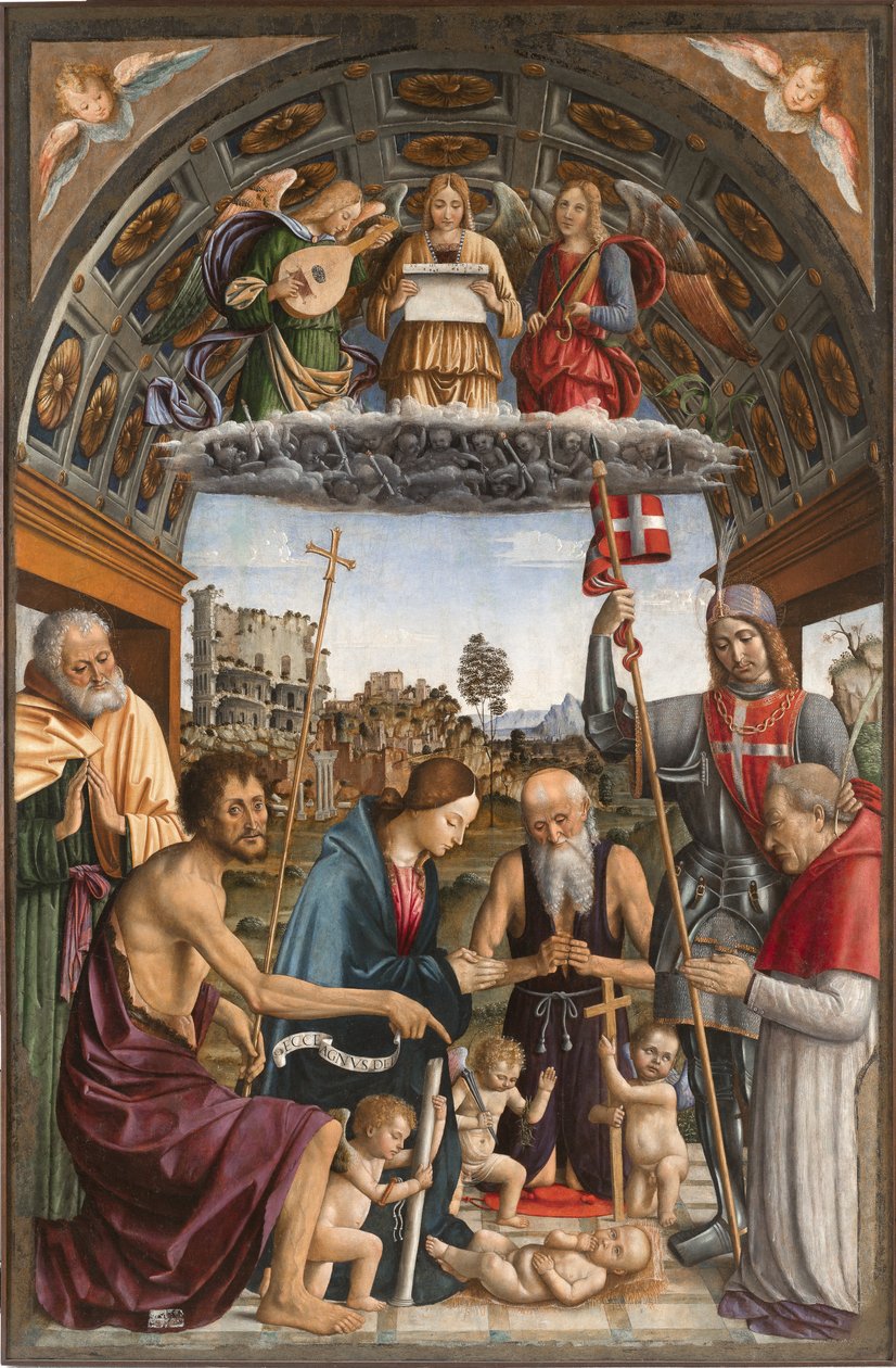 Madonna en adoración del Niño con putti portando los símbolos de la Pasión, ángeles músicos, santos José, Juan Bautista, Jerónimo, Solutor y el donante Amedeo de Romagnano, 1505 de Macrino dAlba