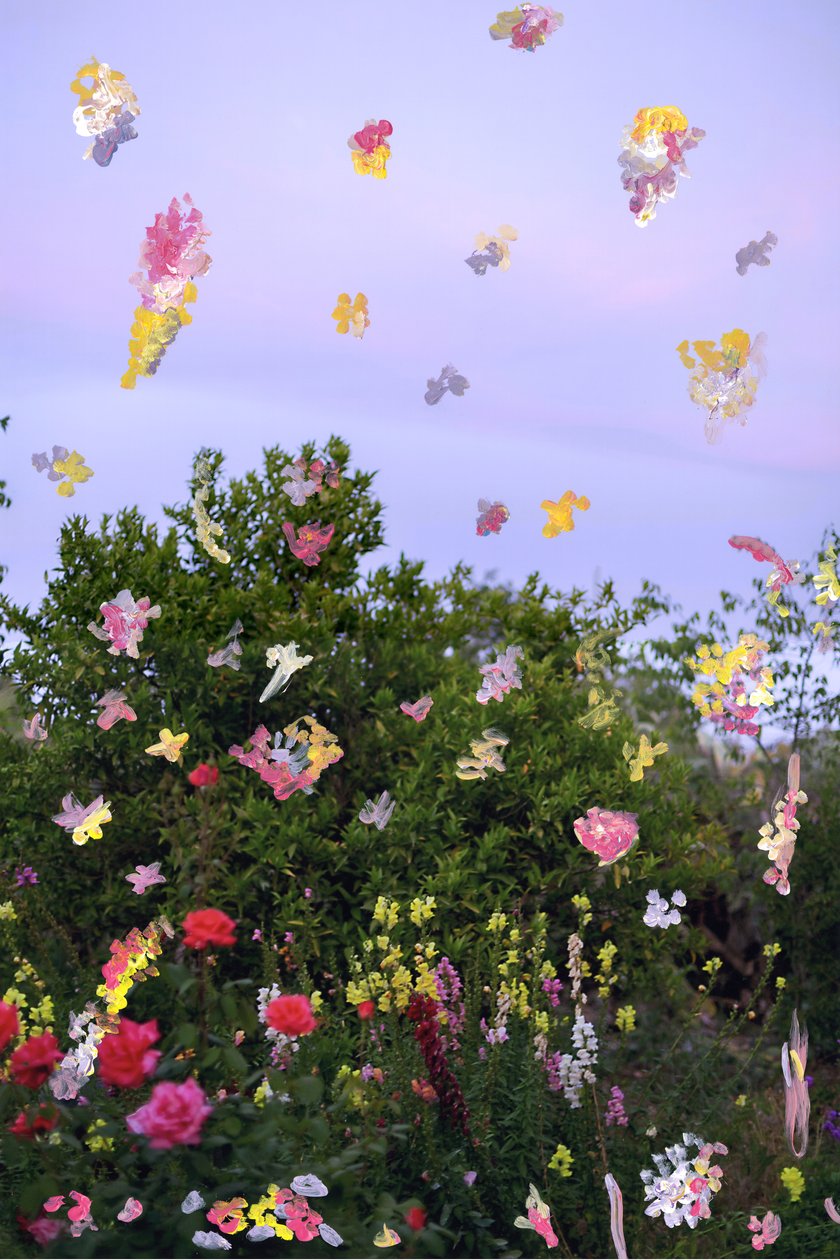Flores abstraídas, 2019 (pintura acrílica sobre impresión de pigmento de archivo) de Madeleine Gross