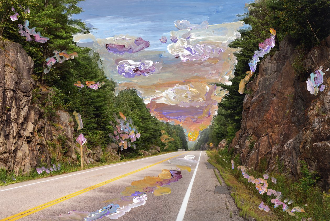 Country Road, 2020 (pintura acrílica sobre impresión de pigmentos de archivo) de Madeleine Gross