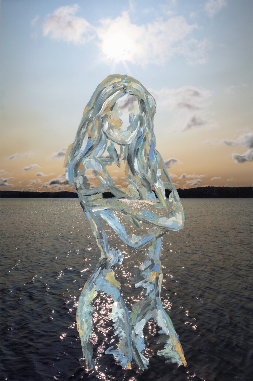 Figura del lago, 2019 (pintura acrílica sobre impresión de pigmento de archivo) de Madeleine Gross