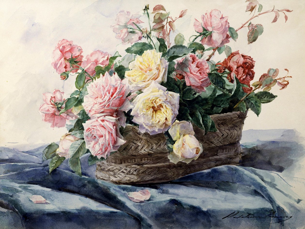 Cesta de rosas. Pintura de Madeleine Jeanne Lemaire (1845-1928) Colección particular. de Madeleine Lemaire