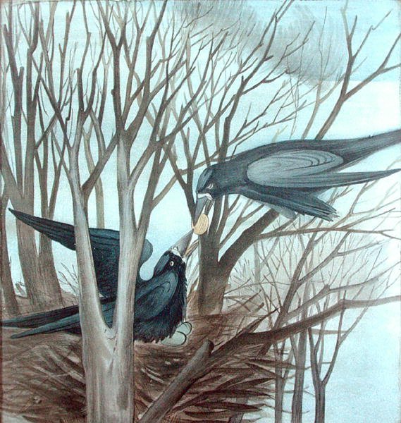 Dos grajos alimentándose en un árbol de Madeline Wyndham
