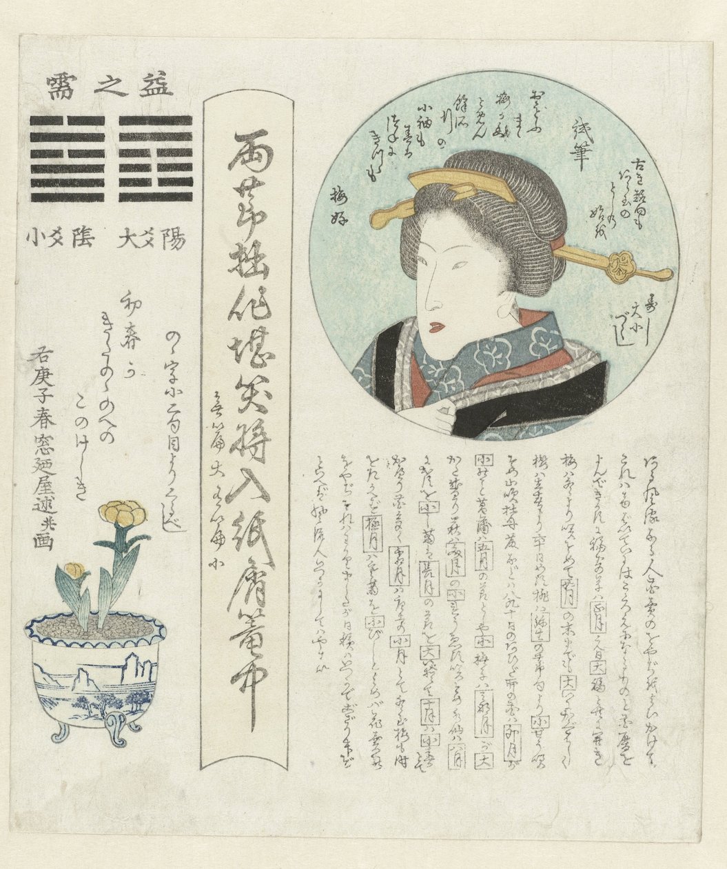 Retrato de una mujer en un cartucho circular Una serie anual de calendarios (título de la serie) Kotobushi daishôtsukushi (título de la serie sobre el objeto) de Madonoya