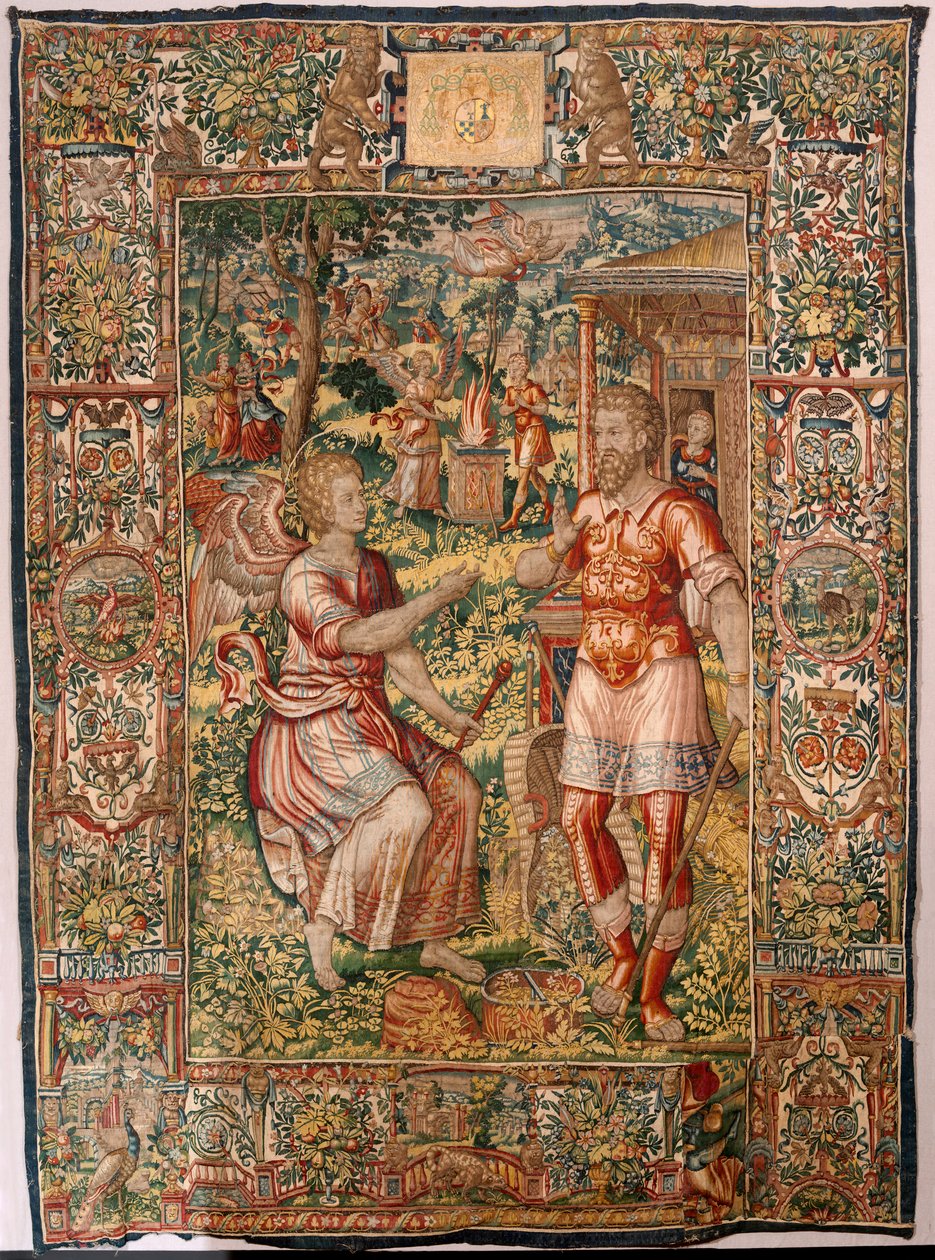 Museo Diocesano (Museo Diocesano). Tapiz flamenco. Bruselas. Taller François Geubels. Serie Historia de Gedeón. Gedeón y el ángel (Gedeón y el ángel). Seda y lana. Legado del obispo Vicente Roca de la Serna. Barroco. 1534-1571, en la catedral desde de Maerten van Heemskerck