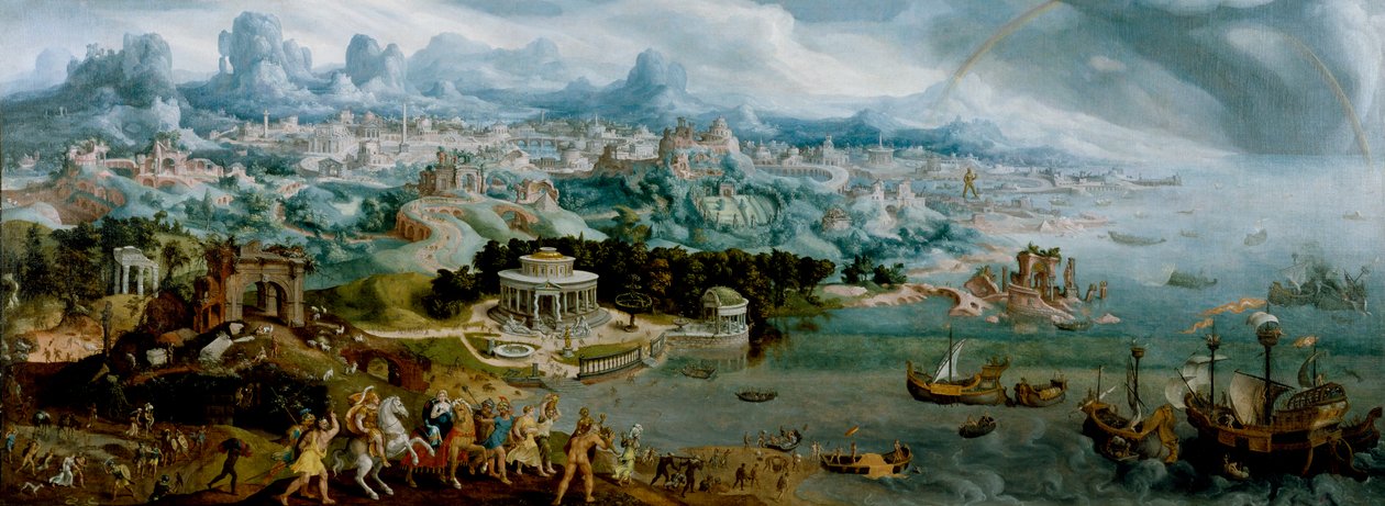 Panorama con el rapto de Helena en medio de las maravillas del mundo antiguo de Maerten van Heemskerck