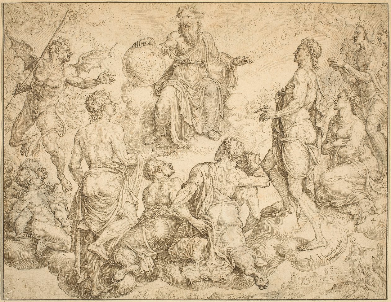 Satanás desafía a Dios a retirar su protección de Job de Maerten van Heemskerck
