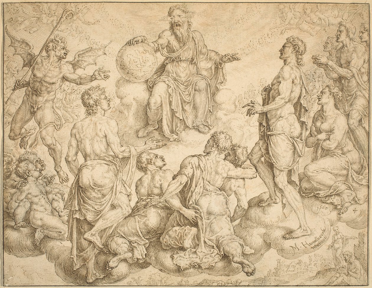 Satan desafía a Dios a retirar su protección a Job de Maerten van Heemskerck