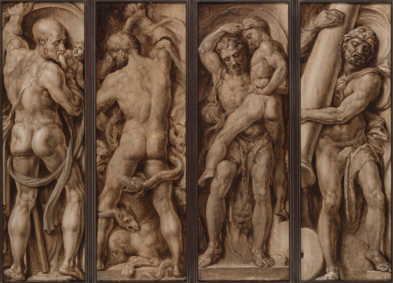 Saturno devorando a un niño; Hércules matando a la hidra; Hércules levantando a Anteo; Hércules erigiendo las columnas de Calpe y Abyla de Maerten van Heemskerck