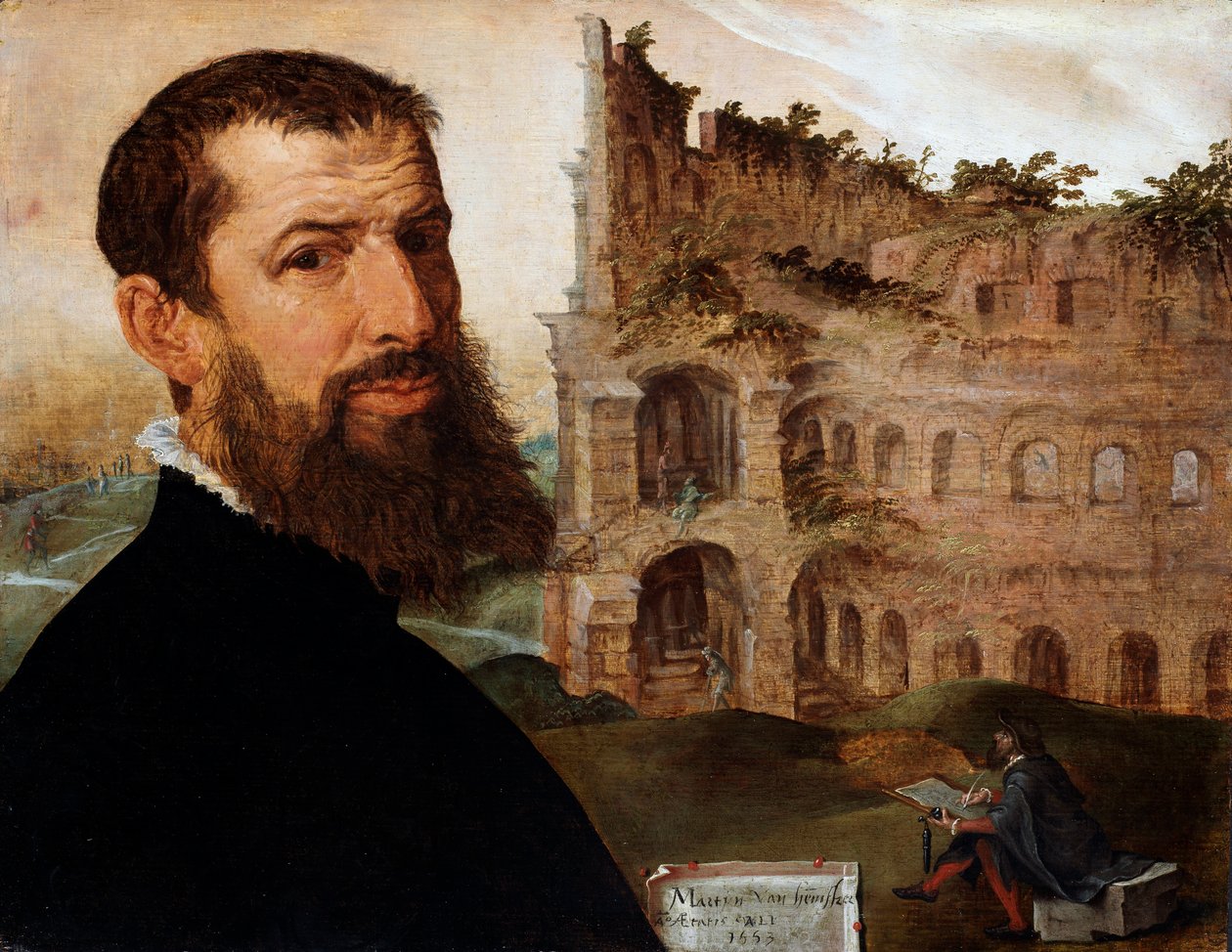 Autorretrato del Pintor con el Coliseo al Fondo, 1553 de Maerten van Heemskerck