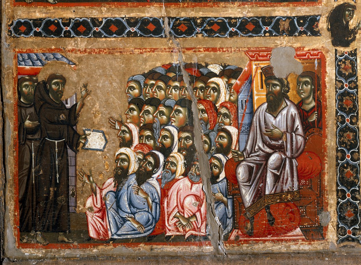 Historia de la vida de San Francisco del retablo de San Francisco de Asís. Detalle de San Francisco dirigiéndose al sultán. Pintura del Maestro (Maestro) del San Francesco Bardi. Escuela florentina de la primera mitad del siglo XIII de Maestro del San Francesco Bardi