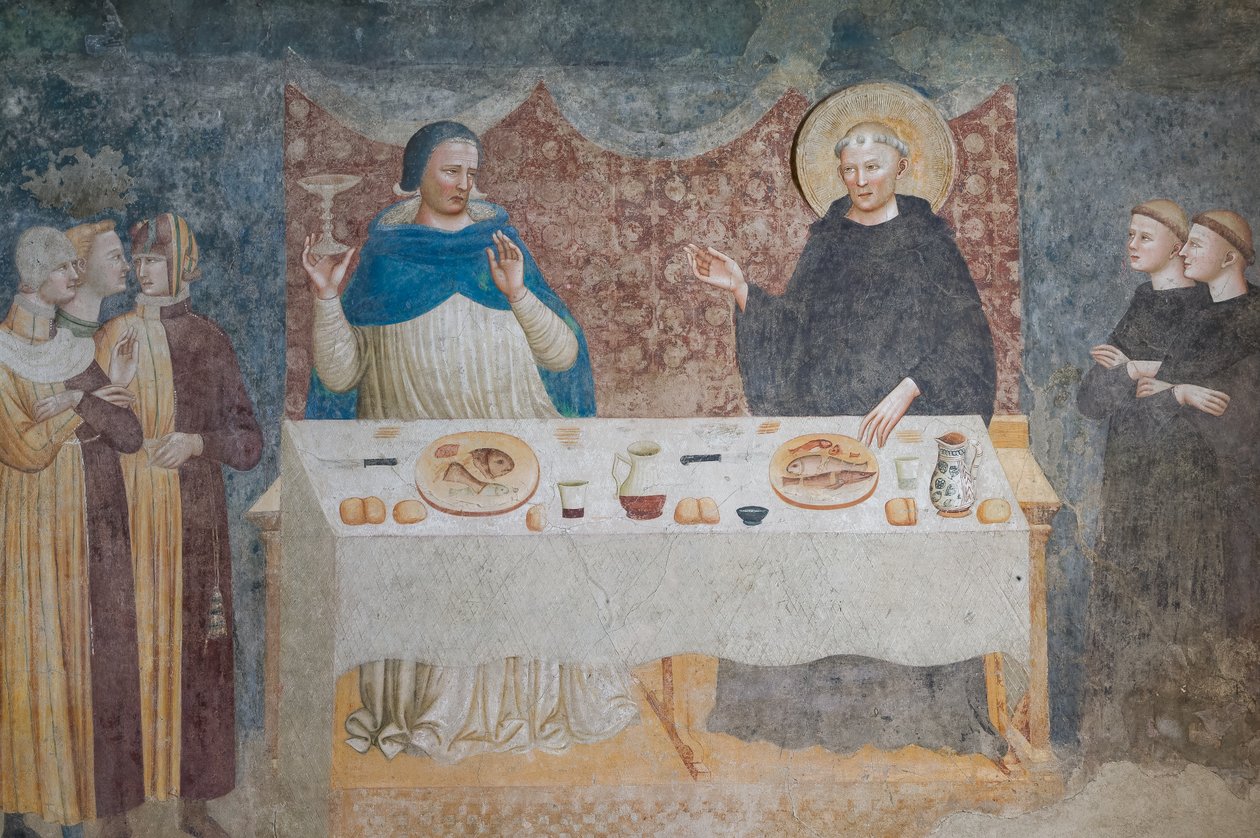 El milagro de San Guido: el Beato Abad convirtiendo el agua en vino ante Gebeardo, arzobispo de Rávena, refectorio (fresco) de Maestro di Tolentino (attr.to)
