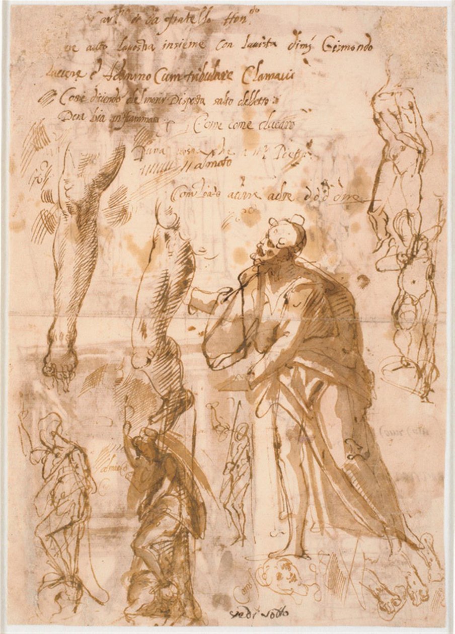 Dos hojas de un cuaderno de bocetos. Seis estudios para figuras de pie, dos estudios para piernas, tres bocetos para pies y una cabeza de Maganza