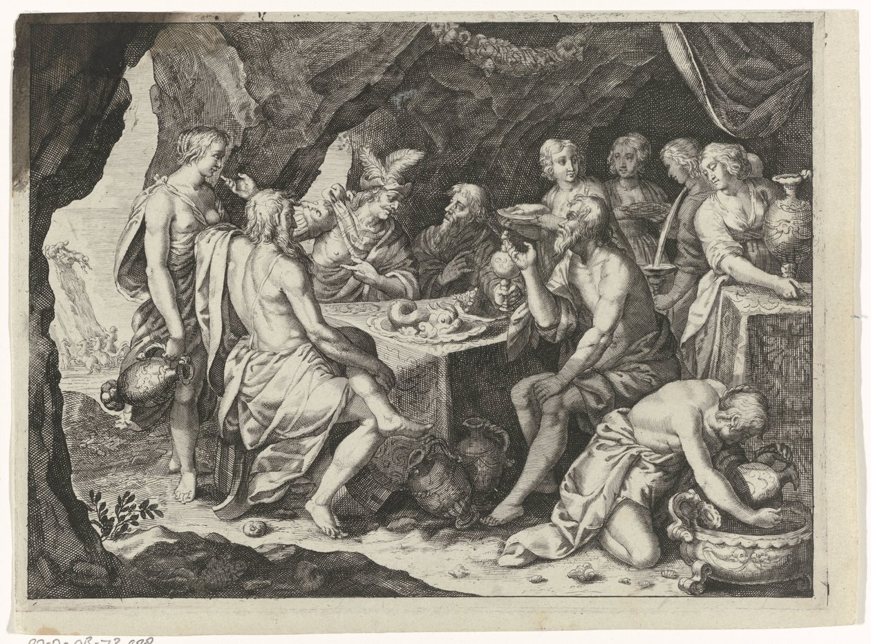 Escena de las Metamorfosis de Ovidio: una comida en una cueva de Magdalena van de Passe (attributed to)