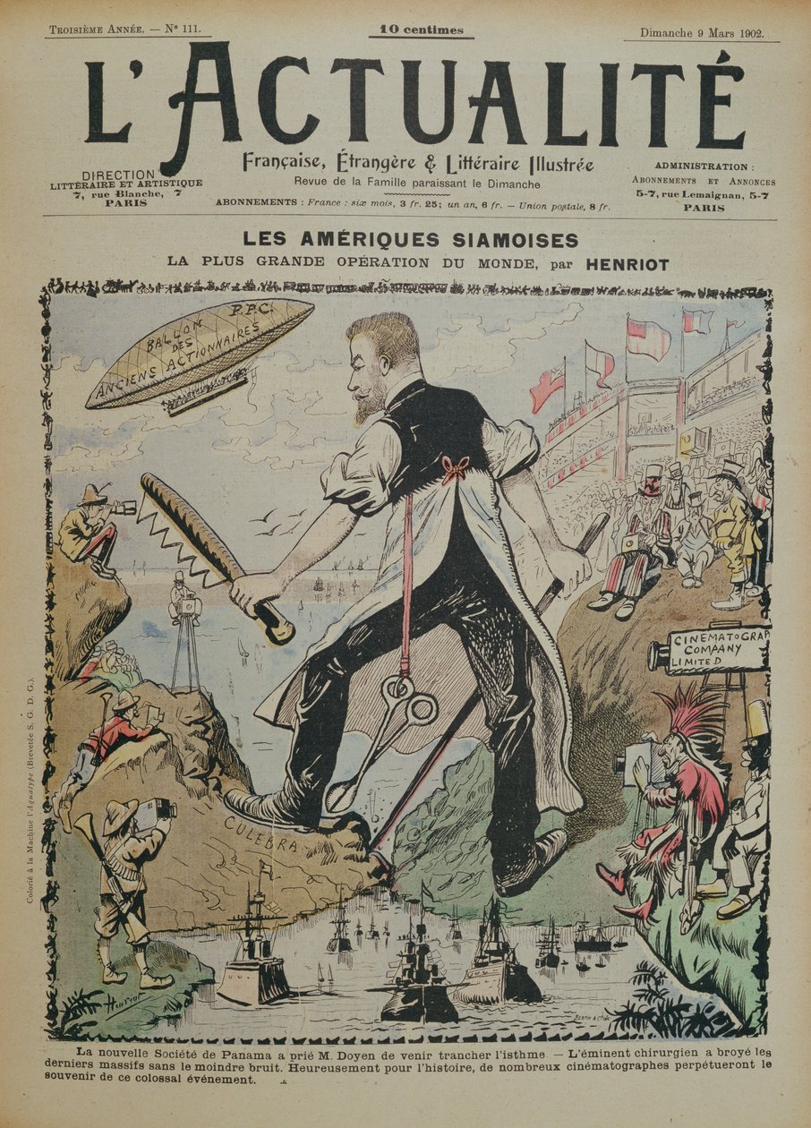 Caricatura sobre la construcción del Canal de Panamá y la cobertura mediática que lo rodea, portada de la revista L