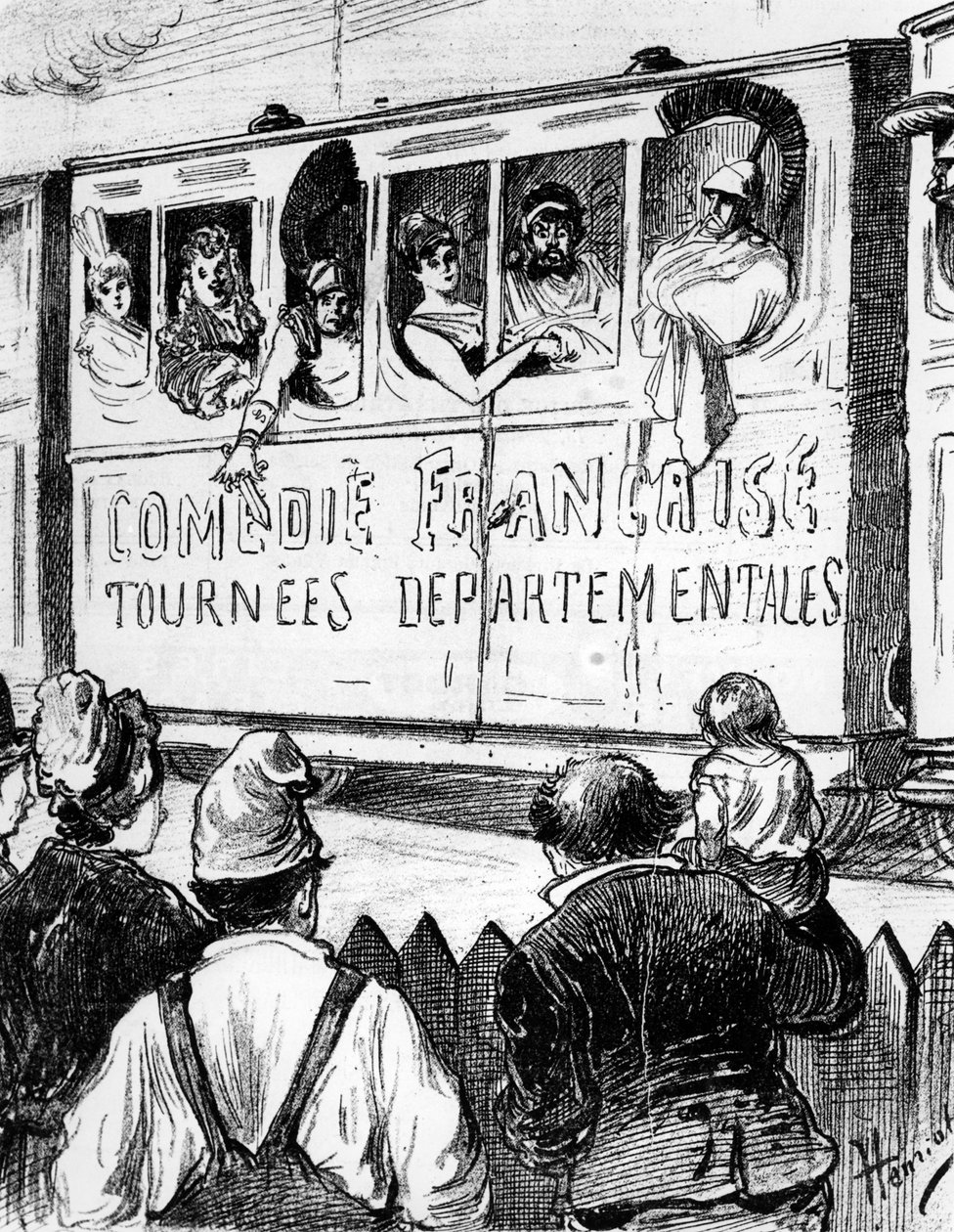 El elenco de la Comédie Française de gira en Francia en un tren especial, hace una parada para mostrar el teatro a los campesinos, segunda mitad del siglo XIX de Henri Maigrot
