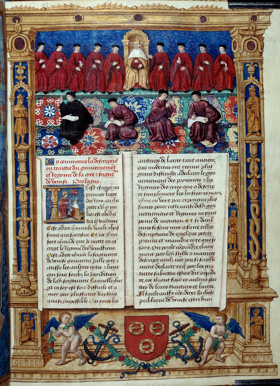 El Consejo de los Diez El Dux está en el centro. Página tomada de una descripción o trata del gobierno y régimen de la ciudad y señorío de Venecia realizada por el Almirante Louis Malet de Graville, iluminada por el Maestro de Felipe de Geldre (siglo XVI de Maitre de Philippe de Gueldre