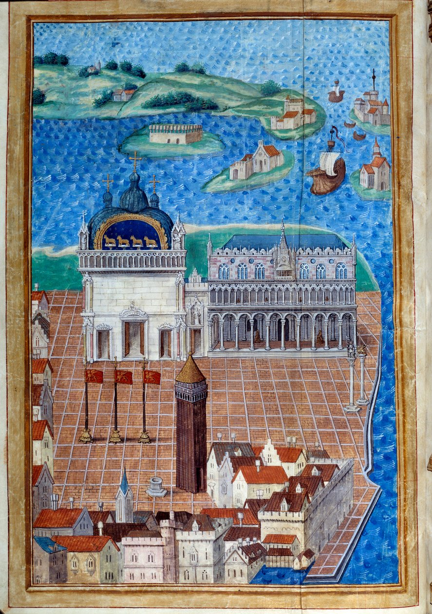 Vista de la Plaza de San Marcos con el Palacio Ducal" Miniatura tomada de "Descripción o trata del gobierno y régimen de la ciudad y señorío de Venecia" del Maestro de Felipe de Geldre (1467-1547) Chantilly, Musee Conde de Maitre de Philippe de Gueldre