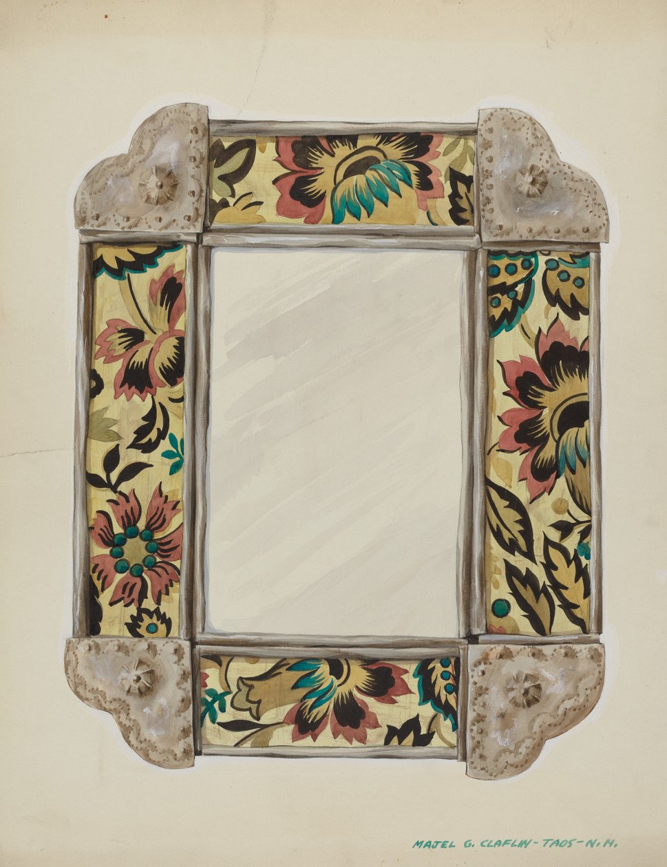 Espejo, enmarcado con paneles de papel tapiz, bordeado en estaño, c. 1938 de Majel G. Claflin