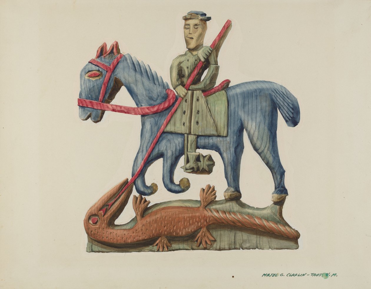 San Jorge y el dragón, tallado en una sección de tabla - pintado, c. 1938 de Majel G. Claflin