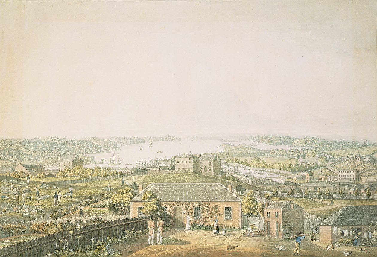 La entrada de Port Jackson y parte de la ciudad de Sídney en Nueva Gales del Sur, sección izquierda de vista panorámica, c.1821 de Major James Taylor